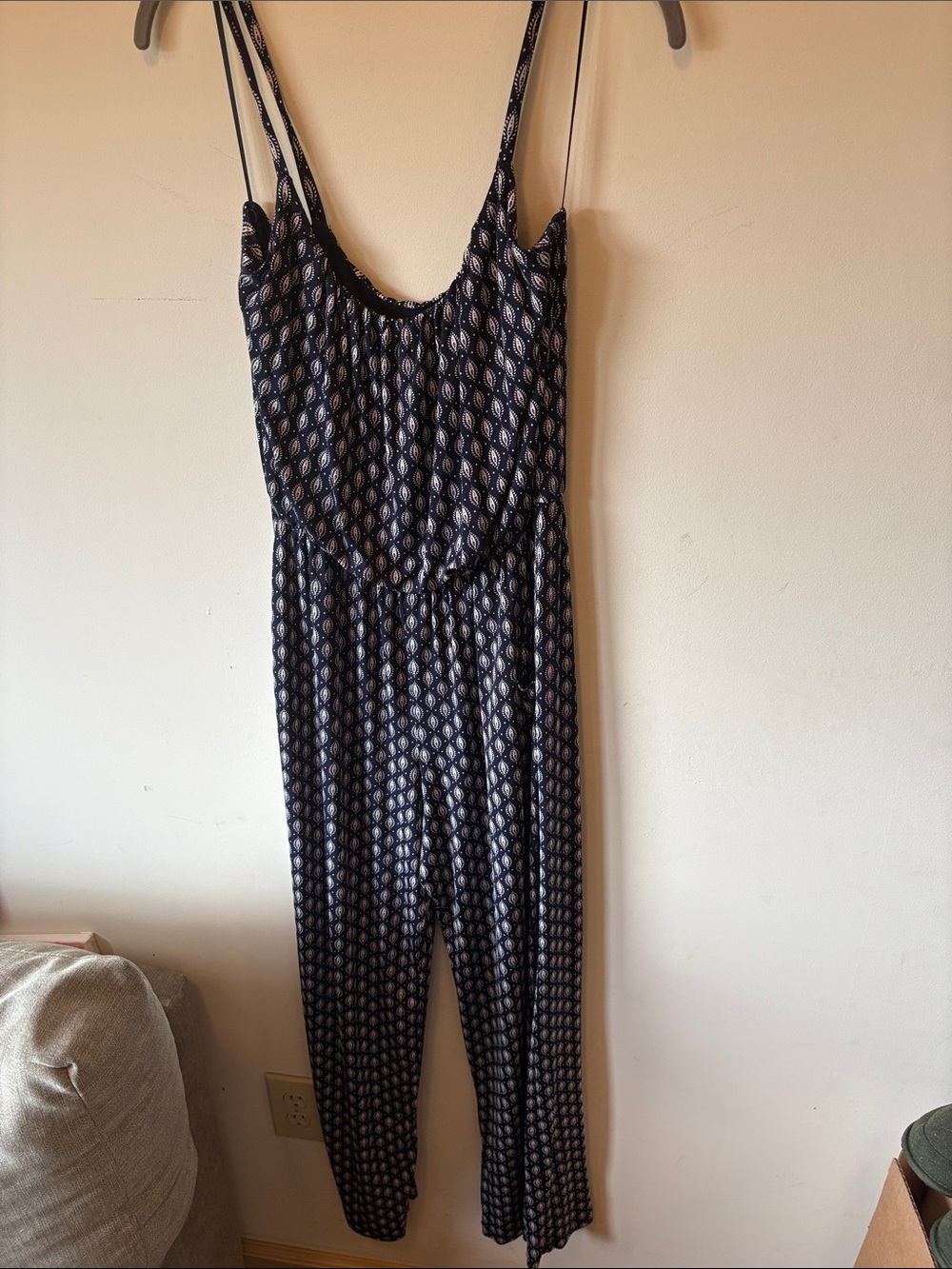 Kaileigh Navy Printed Spaghetti-Strap Jumpsuit